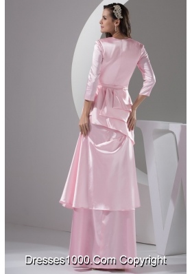 Plunging V-neck Column 3/4 Length Sleeve Baby Pink Prom Dress