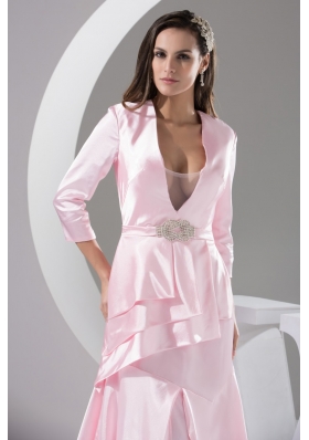 Plunging V-neck Column 3/4 Length Sleeve Baby Pink Prom Dress