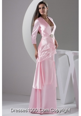 Plunging V-neck Column 3/4 Length Sleeve Baby Pink Prom Dress