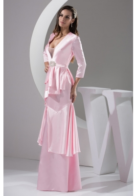 Plunging V-neck Column 3/4 Length Sleeve Baby Pink Prom Dress