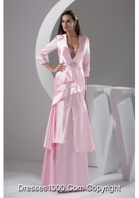 Plunging V-neck Column 3/4 Length Sleeve Baby Pink Prom Dress