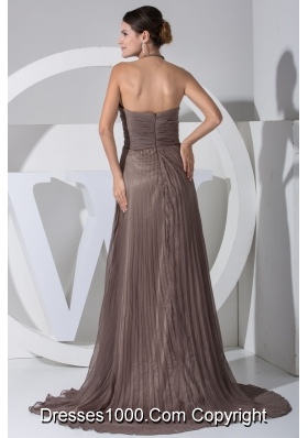 Princess Pleated Halter Top Prom Dresses in Brown with Sweep Train