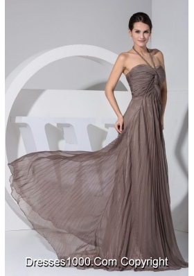 Princess Pleated Halter Top Prom Dresses in Brown with Sweep Train