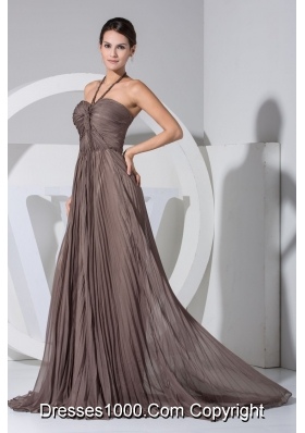 Princess Pleated Halter Top Prom Dresses in Brown with Sweep Train