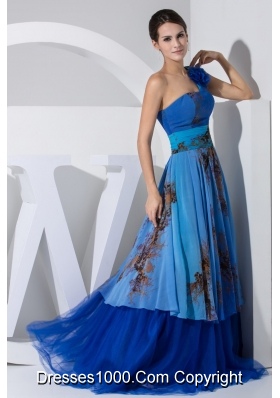 Printed Apron Handmade Flower Decorate One Shoulder Prom Gown Dress