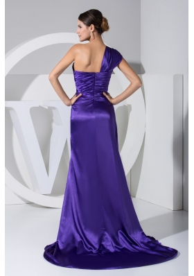 Purplr Single Shoulder Brush Train Prom Dress with Slit on The Side