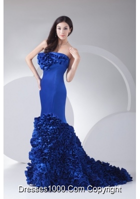 Rolling Flowers Strapless Court Train Royal Blue Prom Dress