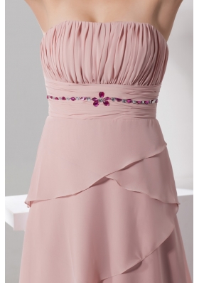 Ruching Layers Strapless Floor-length Prom Gown with Beadings