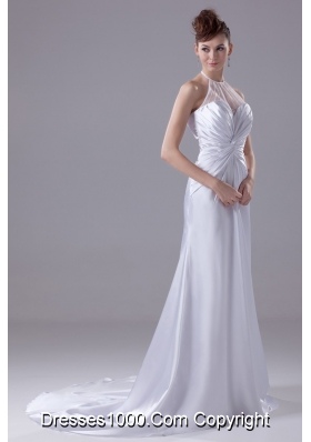 Ruching Sweep Train Wedding Dresses with Transparent Halter Neckline