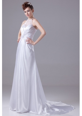 Ruching Sweep Train Wedding Dresses with Transparent Halter Neckline