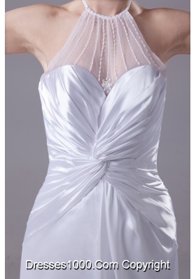 Ruching Sweep Train Wedding Dresses with Transparent Halter Neckline