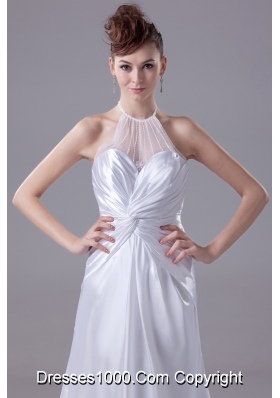 Ruching Sweep Train Wedding Dresses with Transparent Halter Neckline