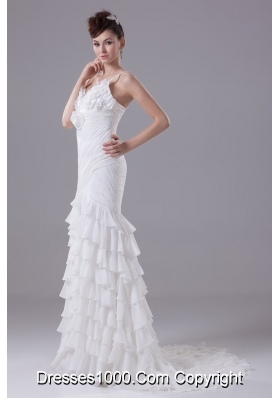 Ruffled Layers and Handle Flowers Brush Train Spaghetti Straps Wedding Dresses