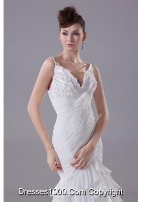 Ruffled Layers and Handle Flowers Brush Train Spaghetti Straps Wedding Dresses