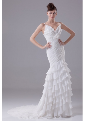 Ruffled Layers and Handle Flowers Brush Train Spaghetti Straps Wedding Dresses