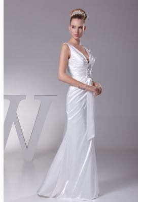 Sheath V-neck Beading and Ruching Long Wedding Dresses in 2013