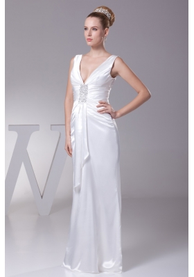 Sheath V-neck Beading and Ruching Long Wedding Dresses in 2013