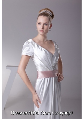 Short Sleeves V-neck Wedding Dress in White with Pink Sash and Brush Train