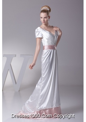 Short Sleeves V-neck Wedding Dress in White with Pink Sash and Brush Train