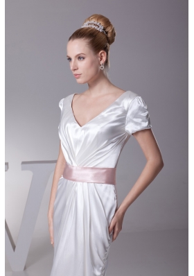 Short Sleeves V-neck Wedding Dress in White with Pink Sash and Brush Train