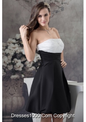 Simple Taffeta Strapless White and Black Ruched Prom Dress