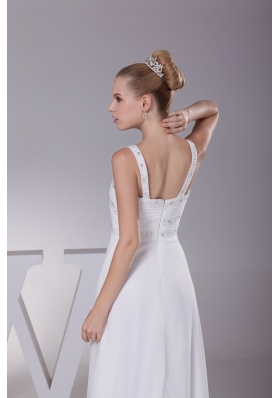 Straps Brush Train Wedding Dress in White Decorated with Beading and Ruching