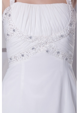 Straps Brush Train Wedding Dress in White Decorated with Beading and Ruching