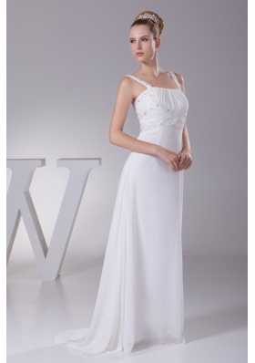 Straps Brush Train Wedding Dress in White Decorated with Beading and Ruching