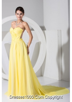 Sweethheart Watteau Train Back Out Prom Dresses in Yellow