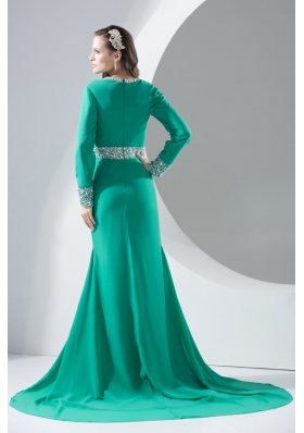 Turquoise Plunging V-neck Beaded Court Train Prom Dress with Slit