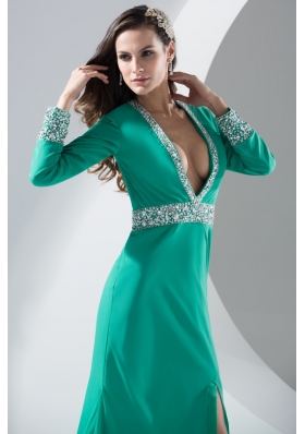 Turquoise Plunging V-neck Beaded Court Train Prom Dress with Slit