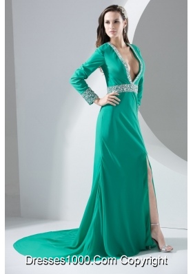 Turquoise Plunging V-neck Beaded Court Train Prom Dress with Slit