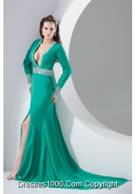 Turquoise Plunging V-neck Beaded Court Train Prom Dress with Slit