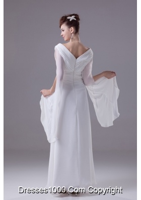 V-neck Handle Flowers White Chiffon Wedding Dress with Long Slit Sleeves