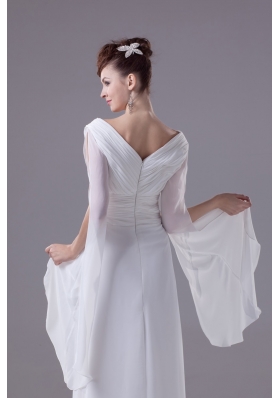 V-neck Handle Flowers White Chiffon Wedding Dress with Long Slit Sleeves