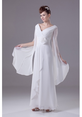 V-neck Handle Flowers White Chiffon Wedding Dress with Long Slit Sleeves