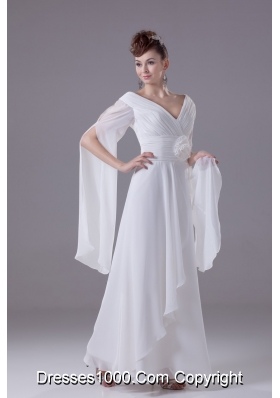V-neck Handle Flowers White Chiffon Wedding Dress with Long Slit Sleeves