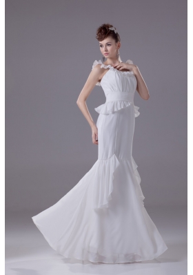 Waist-defining Peplum Ruffled Scoop Trumpet Wedding Dresses in White