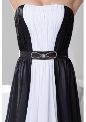 White and Black Strapless Long Prom Gowns with Beading Belt