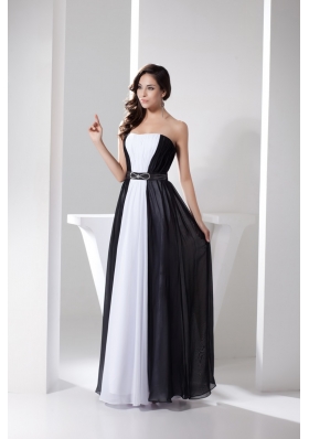 White and Black Strapless Long Prom Gowns with Beading Belt