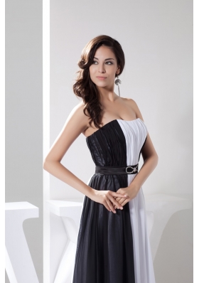 White and Black Strapless Long Prom Gowns with Beading Belt