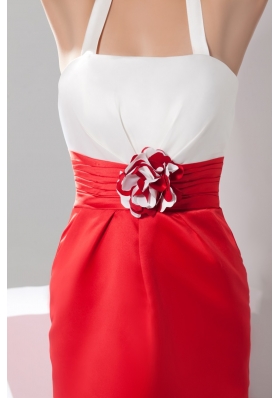 White and Red Halter Top Column Prom Dress with Handmade Flower