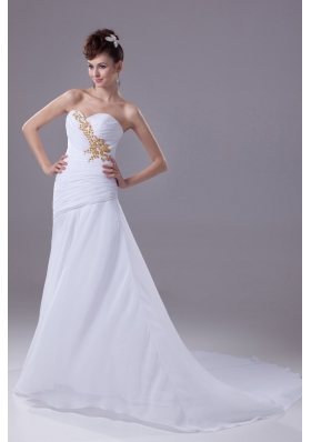 White Sweetheart Sweep Train Wedding Dress with Ruche and Beaded Embroidery