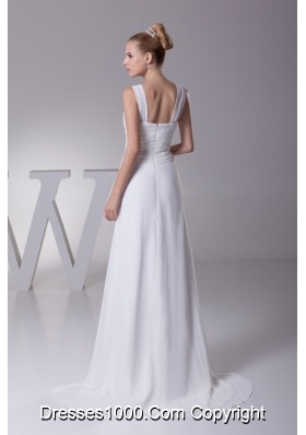 Wide Straps V-neck Brush Train Wedding Dresses with Ruching and Beading