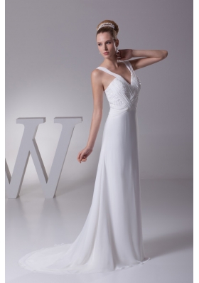 Wide Straps V-neck Brush Train Wedding Dresses with Ruching and Beading