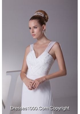 Wide Straps V-neck Brush Train Wedding Dresses with Ruching and Beading