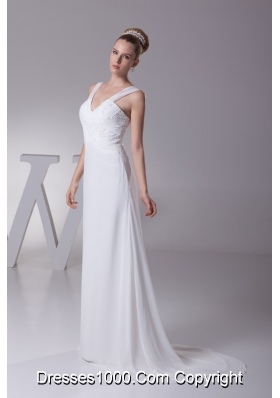 Wide Straps V-neck Brush Train Wedding Dresses with Ruching and Beading