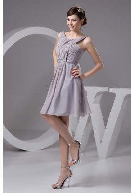 2013 Grey Scoop Chiffon Prom Dresses with Ruching and Beading