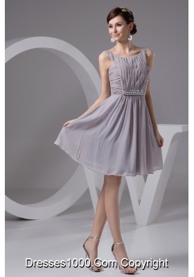 2013 Grey Scoop Chiffon Prom Dresses with Ruching and Beading