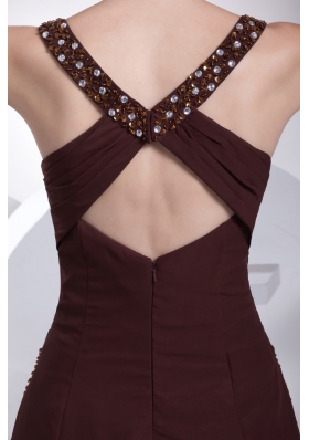 A-line Burgundy V-neck Beading and Ruching Prom Dress